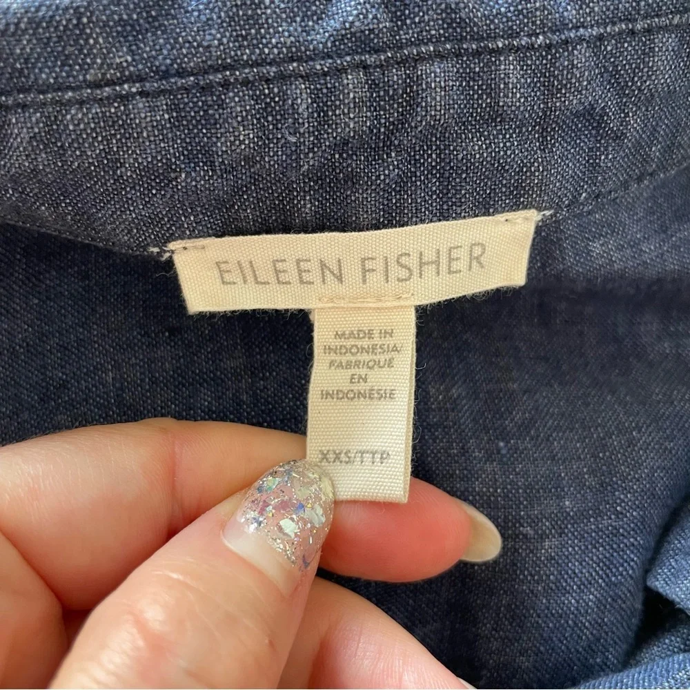 Eileen Fisher Washed Organic Linen Délavé Dusk Blue Button Down Long Shirt XXS